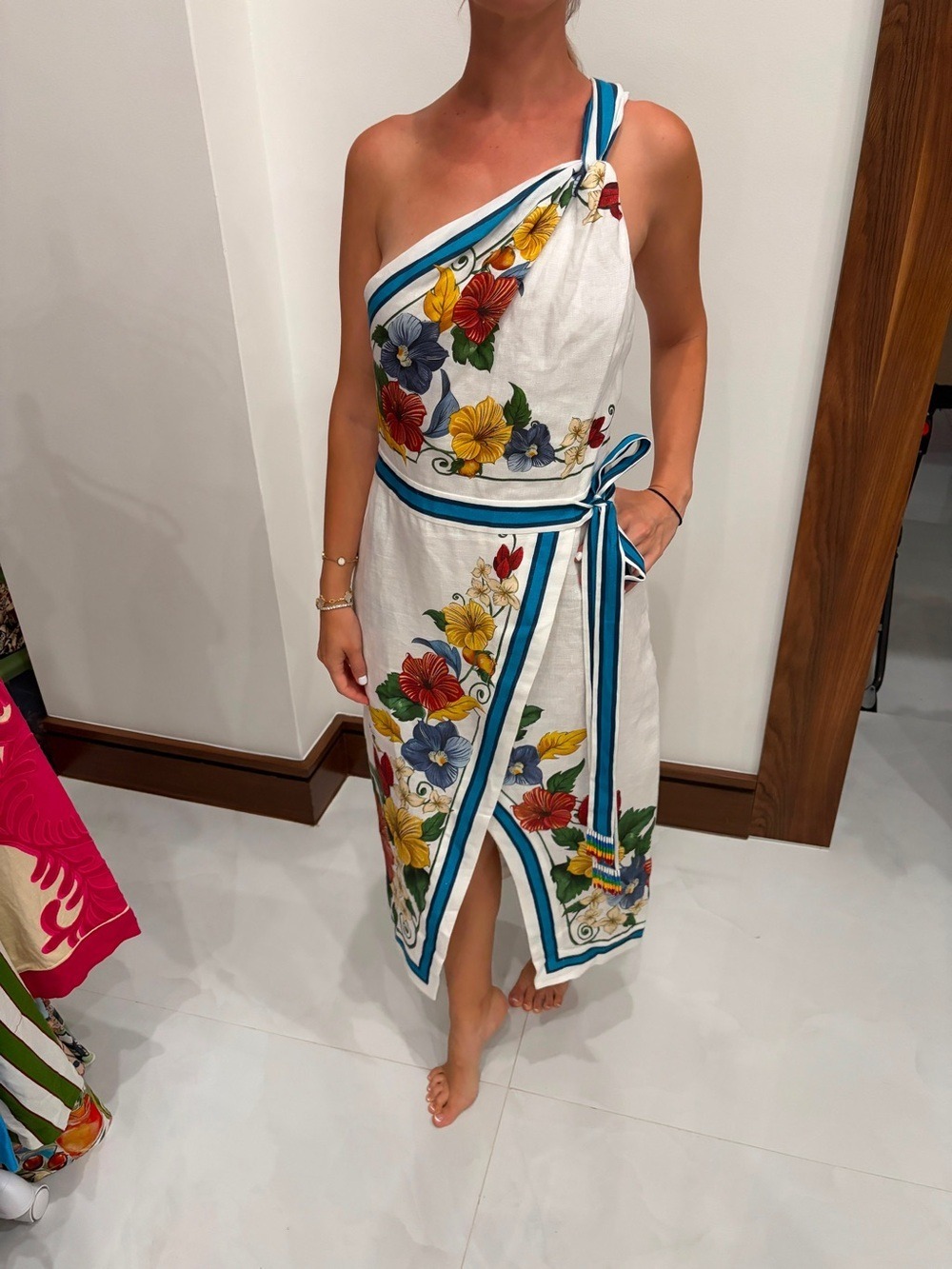 FARM Rio White One-Shoulder Floral Midi Dress with Blue Trim - Picture 2 of 9